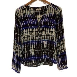 Parker SZ XS 100% Silk Blue/White Tie Dye Long Sleeve Blouse | NWOT